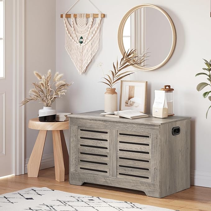 DINZI LVJ Storage Chest, Flip-Top Wooden Toy Box with 2 Safety Hinges, Retro Entryway Shoe Bench, Sturdy Large Storage Trunk for Living Room, Bedroom, Toddler Room, Easy Assembly, Gray Wash