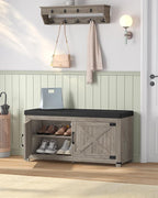 Shoe Storage Bench, 2 Tier Shoe Bench with Padded Seat Cushion & 2 Barn Doors, Entryway Bench with Adjustable Shelf, Farmhouse Shoe Cabinet for Living Room, Bedroom, Greige SB26605BK