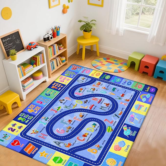 Kids Rug for Playroom, Educational Classroom Rug for Kids Room, Washable Nursery Rugs, Soft Non-Slip Play Mat for Learning ABC Carpet, Vehicles, Numbers, Animals, Colors, Shape, Season 5x7 Feet