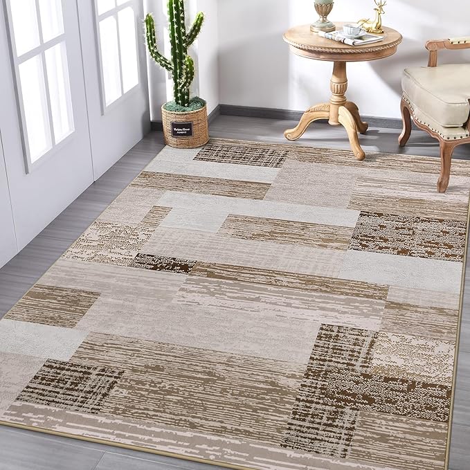 FlyDOIT Modern Geometric Patchwork Area Rug, 4x6 Beige Large Rugs for Living Room, Rockwood Collection Indoor Rugs for Bedroom, Throw Carpet Floor Decor for Entryway Dining Room Office Nursery