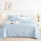 Wake In Cloud - Floral Quilt Set, Coquette Cottagecore Shabby Chic Flower Pattern for Women Teen Girls, Reversible Lightweight Bedspread Coverlet, 3 Pieces, Light Blue, Queen/Full Size