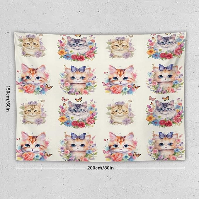 VUMIVI Watercolor Flower Cat Tapestry Colorful Cartoon Cute Animals Butterflies Abstract Art Print Tapestry Wall Hanging for Living Room Bedroom Dorm Classroom Aesthetic Decor W80xL60in
