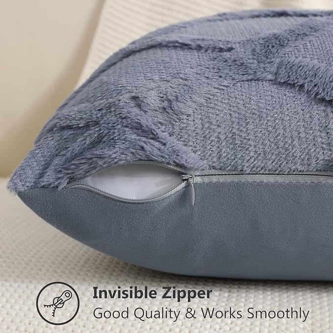 decorUhome Spring Throw Pillow Covers 12x20 Inch Set of 2, Soft Plush Faux Fur Wool Lumbar Blue Grey Couch Pillow Covers, Decorative Neutral Pillow Cases for Bed Sofa Living Room Home Decor