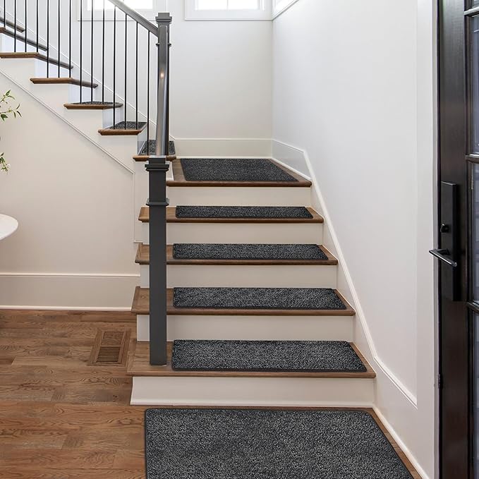 PURE ERA Carpet Stair Treads Tape Free Non Slip Indoor Stair Carpet Stair Protectors Pet-Friendly Non-Slip Skid Resistant Washable Reusable 8" x 30"(2 Pieces,Black)