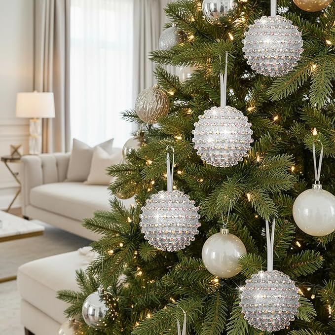 Iridescent Crystal Rhinestone Ball Ornaments, 4 Pack Handcrafted Sparkling Christmas Tree Decorations, Hanging Ornaments for Holiday & Home Décor in Luxury Gift Box