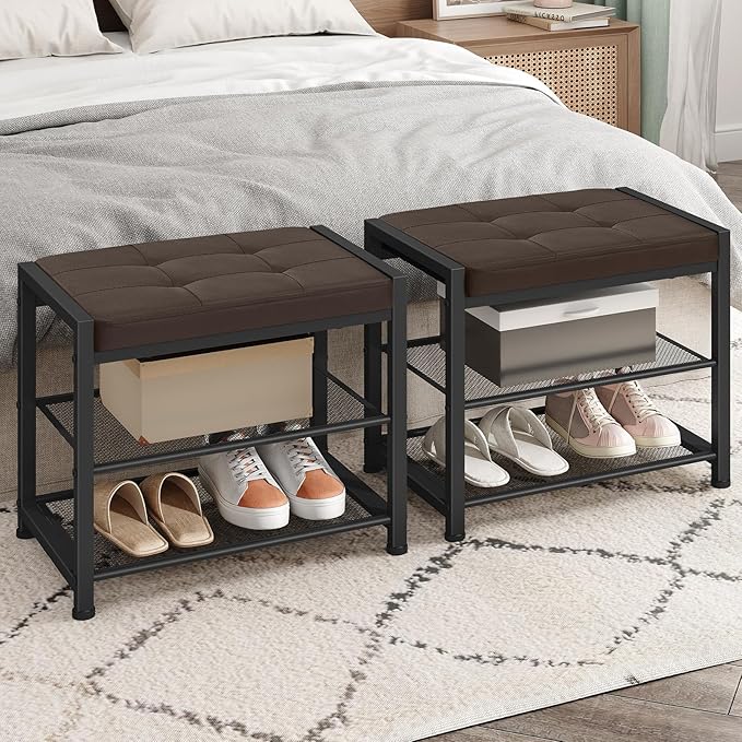 HOOBRO Small Shoe Bench, 3-Tier Shoe Rack, Shoe Storage Bench with PU Seat Cushion, Entryway Shoe Rack Bench with Metal Mesh Shelves, Freestanding Shoe Organizer for Hallway, Brown CB33HX01
