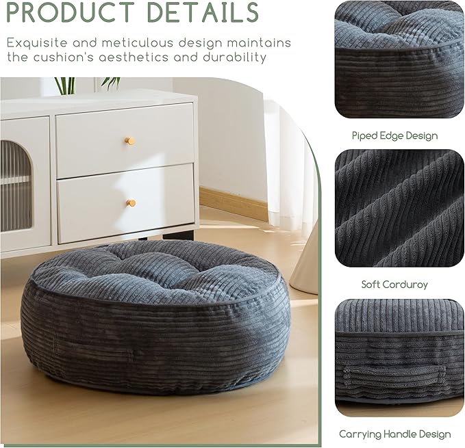 8" Washable Floor Pillow Cushion for Adults, Meditation Cushion Pillow, Large Round Floor Sitting, Removable Tufted Corduroy Cover, for Tatami Living Room or Yoga, 22x22 Inch, Machine Washable