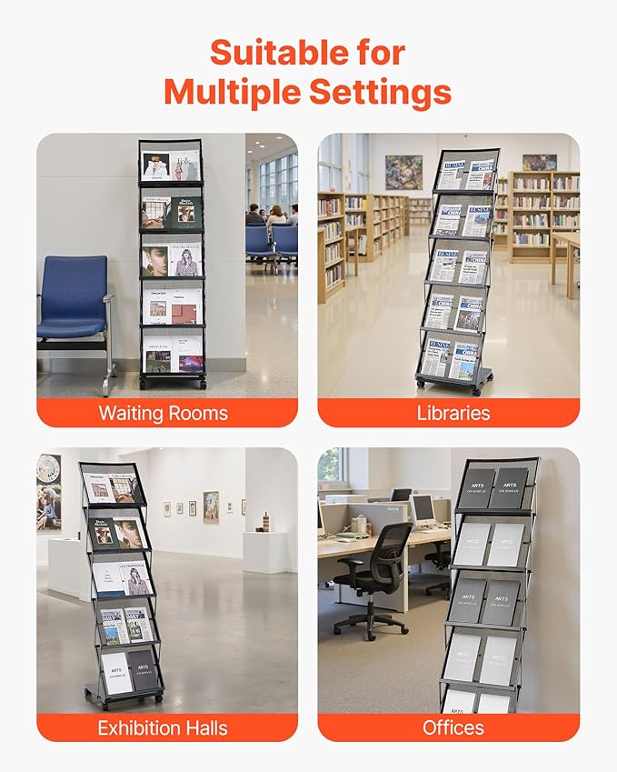 VEVOR Brochure Display Rack, Foldable 5 Pockets Magazine Literature Display Stand, Movable Floor Standing Magazine Rack with Wheels, Metal Newspaper Catalog Holders for Shop Exhibitions Office Show