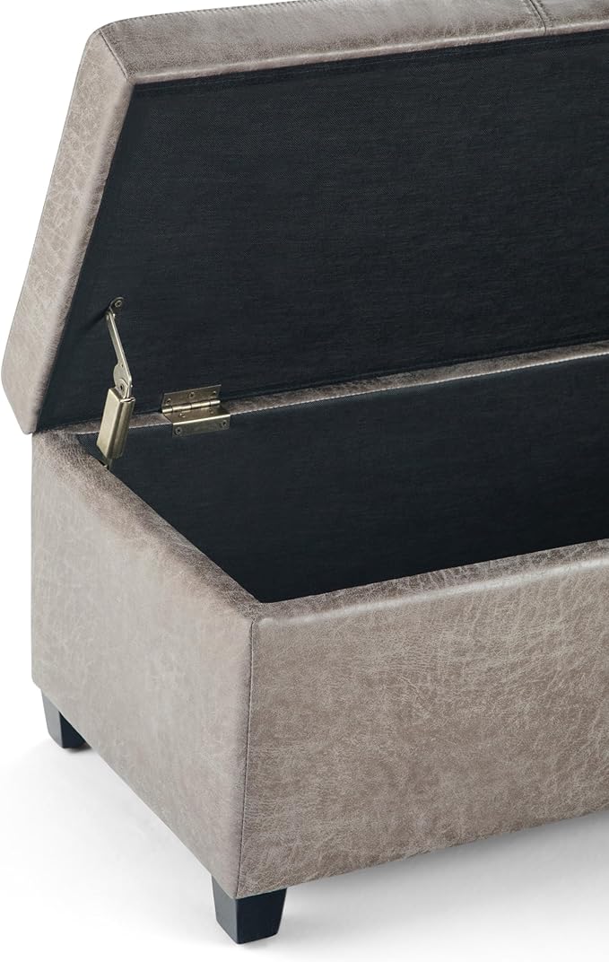 SIMPLIHOME Avalon Storage Ottoman Bench - 48 inch Wide Upholstered Vegan Leather Rectangular Lift-Top Ottoman in Distressed Grey Taupe, Contemporary Bench for Living Room with High-Density Foam