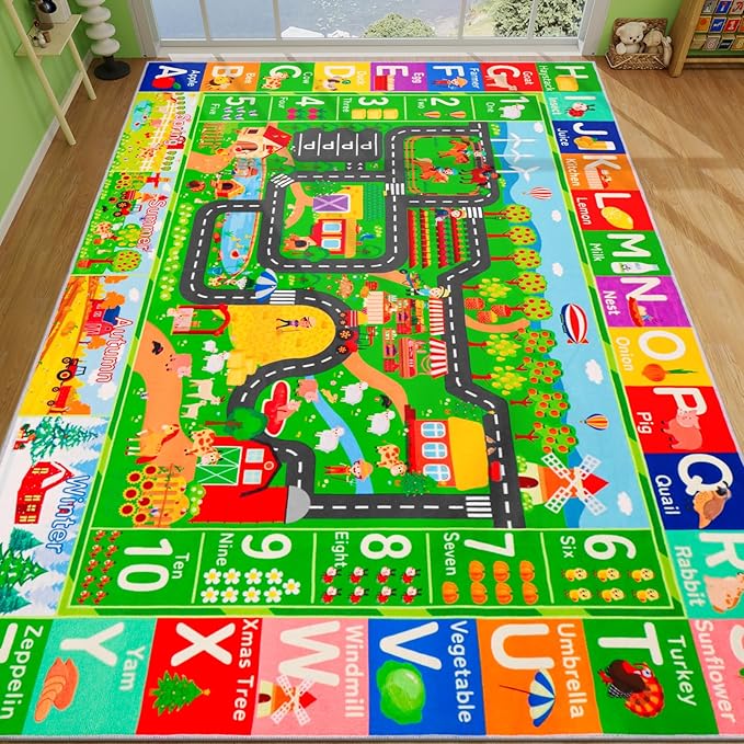 Kids Rugs for Toy Cars Playroom 110"×78.7" ABC Farm Life Road Traffic Kids Car Road Rugs Village Map Play Mat for Toddlers Boys Room Family Tummy Time Playtime Learning Carpet