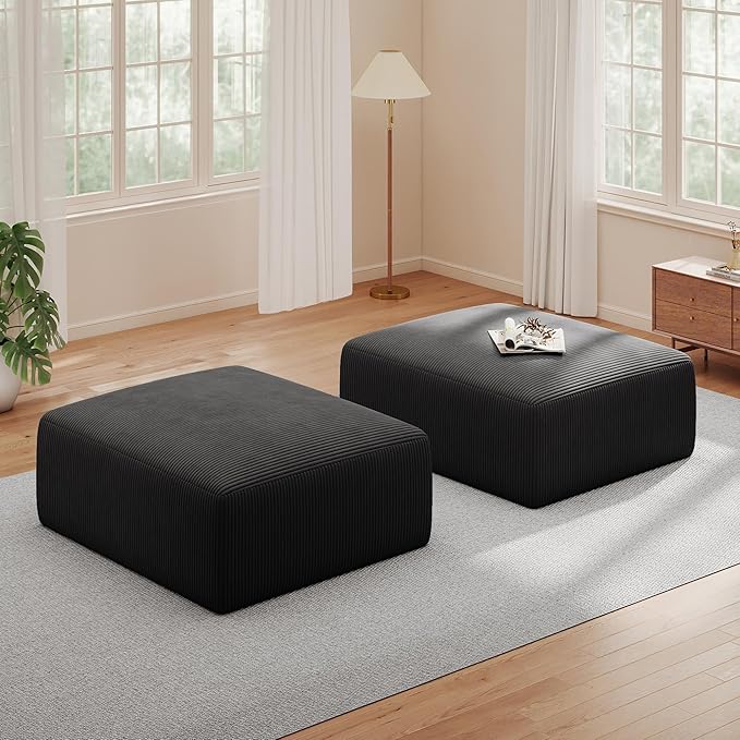 40" Square Stuffed Ottoman Pouf for Sofa Couch, Corduroy Poufs with Foam Chunk Filling, Furry & Fluffy Pouf Footstool Movable Ottoman. 40*31 Floor Poufs Foot Rest for Living Room, Black(2 Piece Set)