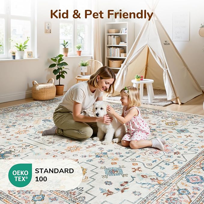 Lessymo Living Room Rug 5x7, Washable Area Rug for Bedroom Dinning Nursery Room Office, Boho Faux Wool Soft Non-Slip Carpet Pets Friendly, Vintage Floral Colorful Pastel Decor, Multi/Ivory