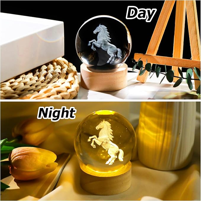 Horse Gifts for Women Men 3D Horses Crystal Ball with Wooden Light Base Glass Horse Night Light Animal Figurine Lamp Decor for Christmas Valentine Mothers Day Birthday (Diameter 2.36 inches)