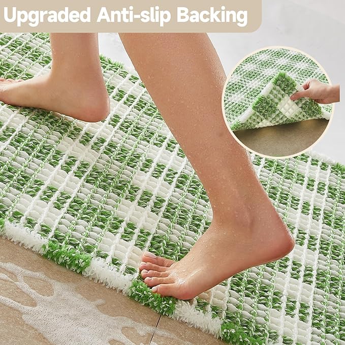 Waffle Runner Rug Bathroom, Long Boho Bathroom Rugs Non Slip Washable Absorbent Checkered Bathroom Mat Quick Dry Cute Bath Mat, 72"x24" Green and White