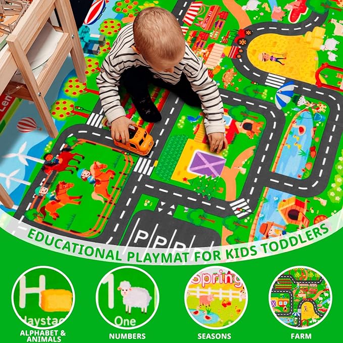 Kids Rugs for Toy Cars Playroom 78.7"×59" ABC Farm Life Road Traffic Kids Car Road Rugs Village Map Play Mat for Toddlers Boys Room Family Tummy Time Playtime Learning Carpet