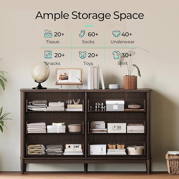 LINSY HOME Rattan Dresser with 6 Deep Drawers, 47" Wide Long Chest of Drawers, Mid Century Modern Tall Dresser, Large Wood Boho Storage Cabinet for Bedroom with Metal Handle and Durable Legs, Walnut