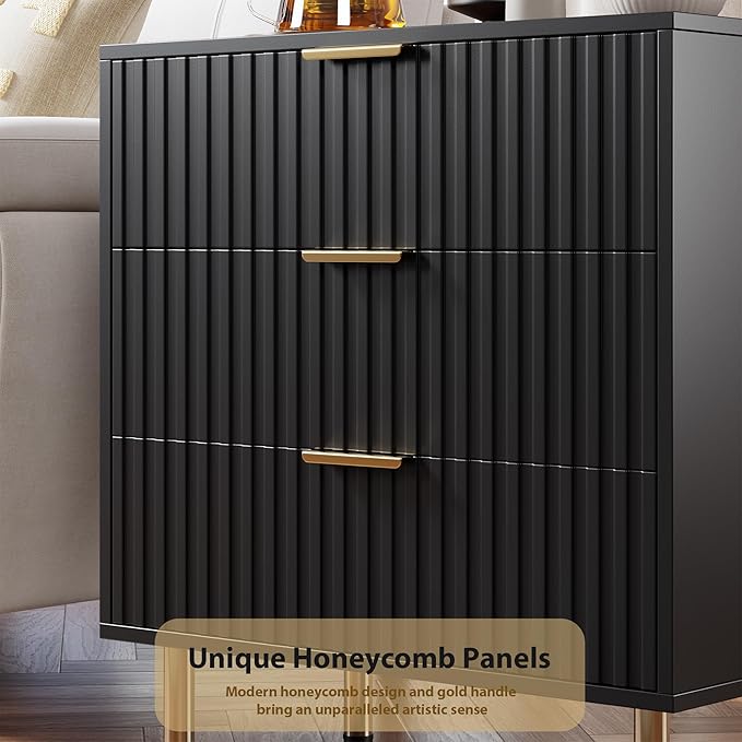 GarveeHome 3 Drawer Dresser for Bedroom, Fluted Modern Nightstand with Deep Drawers, Chest of Drawers with Wide Top, Wooden Dresser Organizer, Side Table for Living Room, Hallway, Kids Room, Black