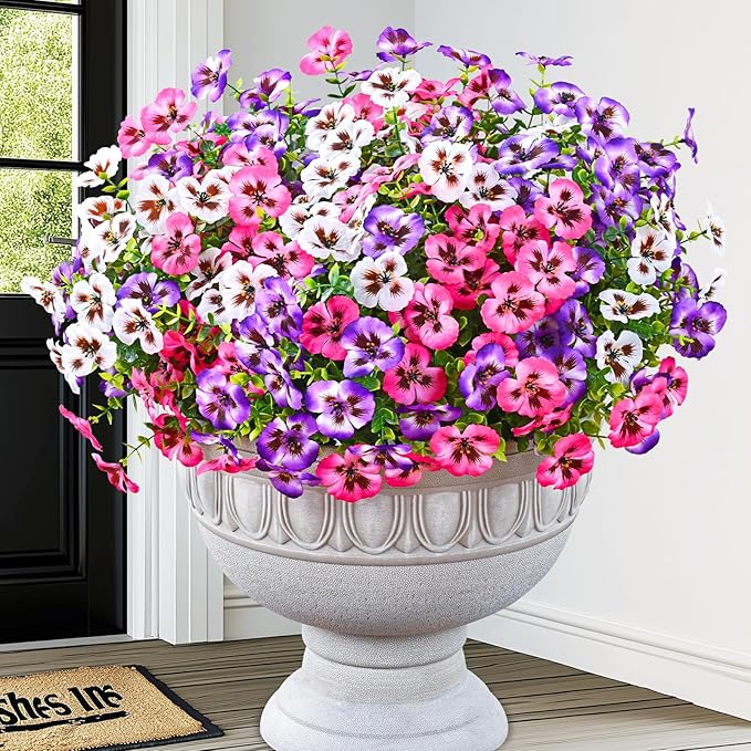 MARTINE MALL 12 Bundles Look Real Artificial Flowers for Outdoors, Realistic Fake Outdoor Flowers, UV Resistant Silk Pansy Flower for Outside Faux Flower Plant for Outdoor Porch Yard, Three Mix Colors