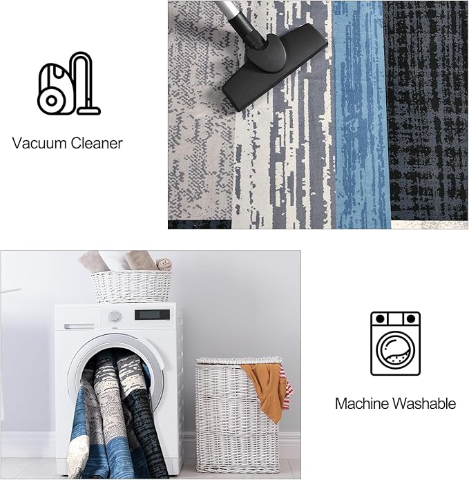 FlyDOIT Modern Geometric Patchwork Area Rug, 5x8 Blue Large Rugs for Living Room, Rockwood Collection Indoor Rugs for Bedroom, Throw Carpet Floor Decor for Entryway Dining Room Office Nursery