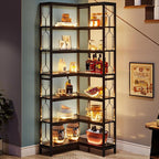 Tribesigns Corner Shelf, 7-Tier Industrial Corner Bookshelf, Wood and Metal Corner Etagere Bookcase, Freestanding Display Shelf for Living Room, Kitchen, Home Office, All Black