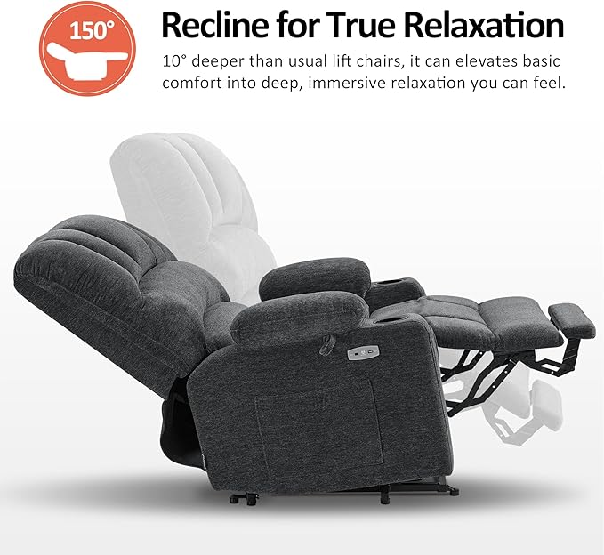 MCombo Oversized Power Lift Recliner Chair for Elderly, Lift Chair with Heat and Massage, Lift Recliner for Big and Tall, Cup Holders, USB & Type C Ports, Fabric R7092 (Dark Grey, Oversize)