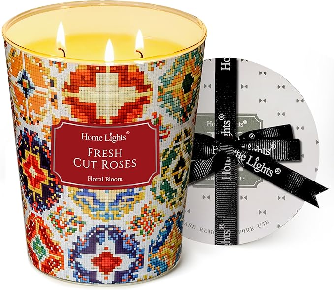 HomeLights Scented Candles | Large Jar 34 Oz Natural Soy Candle | 130 hrs Long-Lasting with 3 Wicks | Bohemian Natural for Home Decor | Gifts for Mom & Women, Fresh Cut Roses