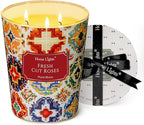 HomeLights Scented Candles | Large Jar 34 Oz Natural Soy Candle | 130 hrs Long-Lasting with 3 Wicks | Bohemian Natural for Home Decor | Gifts for Mom & Women, Fresh Cut Roses