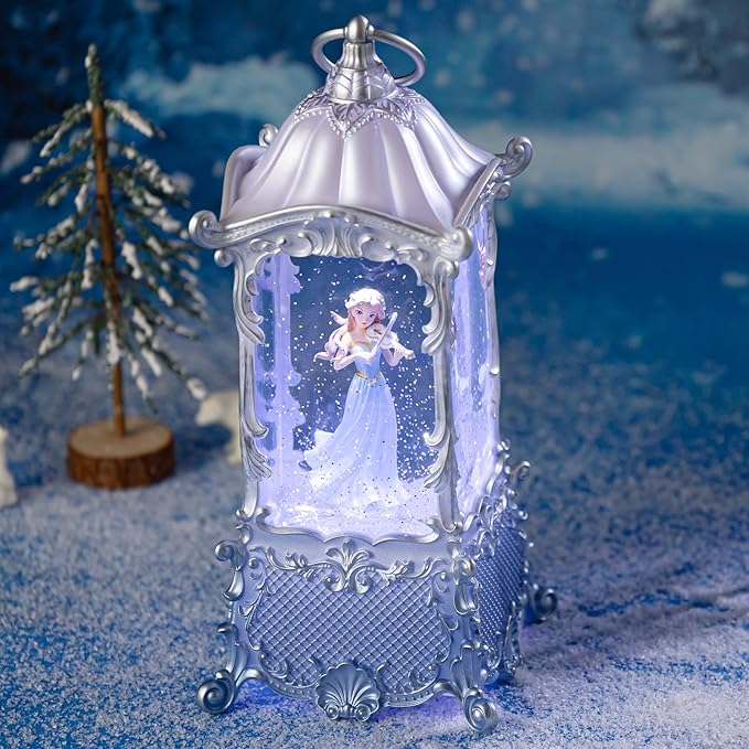 Snow Globe Lantern with Violin Girl – Shatterproof, 8 Songs Musical Box, Automatic Snowfall, Led Light, USB or Battery Powered,for Valentine’s Day Gifts Present Birthday Home Fall Decoration, Silver