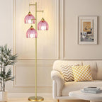 Gold Floor Lamp for Living Room Bedroom,3 Lights Vintage Tree Floor Lamps with Pink Glass Flower Shade,Mid Century Modern Floor Lamp for Corner Office,68IN Unique Tall Standing Lamp with Bulb