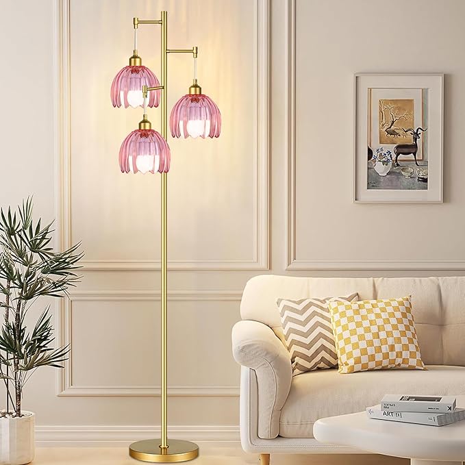Gold Floor Lamp for Living Room Bedroom,3 Lights Vintage Tree Floor Lamps with Pink Glass Flower Shade,Mid Century Modern Floor Lamp for Corner Office,68IN Unique Tall Standing Lamp with Bulb