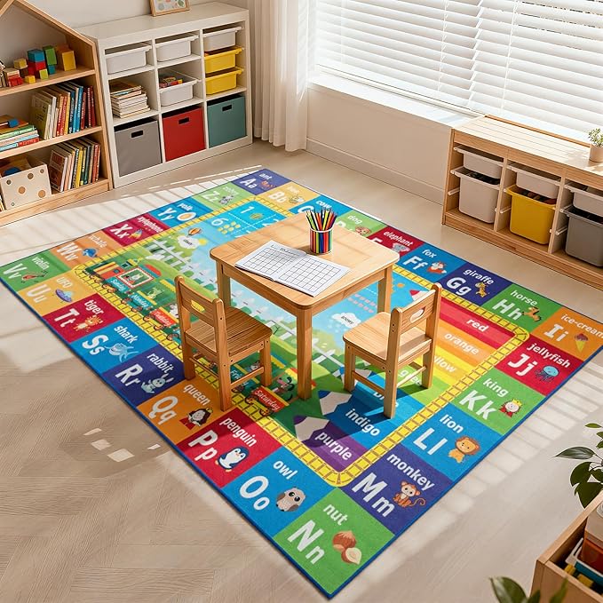 ST. BRIDGE Educational Kids Area Rug 6x9 Feet, Non Slip Play Mat Learning with ABC Alphabet, Numbers & Animals for Preschool Toddler, Soft Washable Carpet for Playroom Nursery Classroom Bedroom