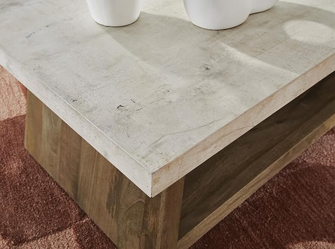 Signature Design by Ashley Brendalhouse Casual Coffee Table with Faux Cement Top, Bottom Shelf and Casters, Light Brown & White