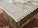 Signature Design by Ashley Brendalhouse Casual Coffee Table with Faux Cement Top, Bottom Shelf and Casters, Light Brown & White