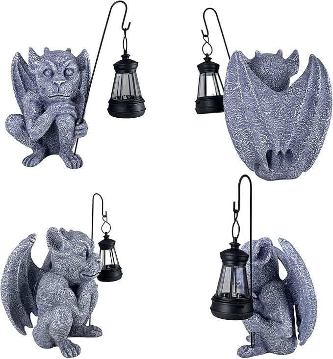 Gargoyle Statues Outdoor with Solar Lantern Gothic Garden Lamp Decor Outside Dragon Winged Gargoyle for Porch Patio Lawn Yard Ornament Trolls Figurine Gifts for Women Mom Grandma
