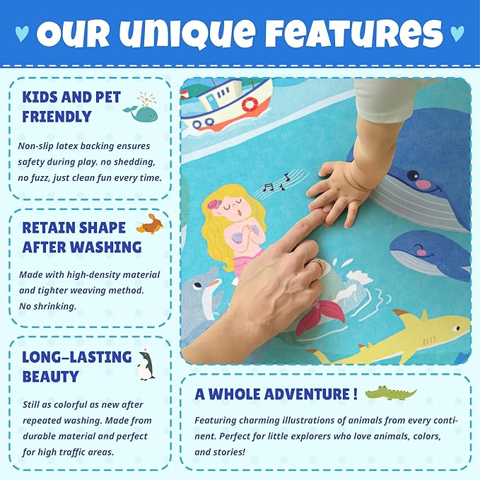Large Blue Ocean Rug for Classroom – Washable 9x12 Kids Rug with Mermaid & Fish, Foldable, Lightweight Non Slip Fun Learning Soft Carpet for Classroom Elementory or Playroom