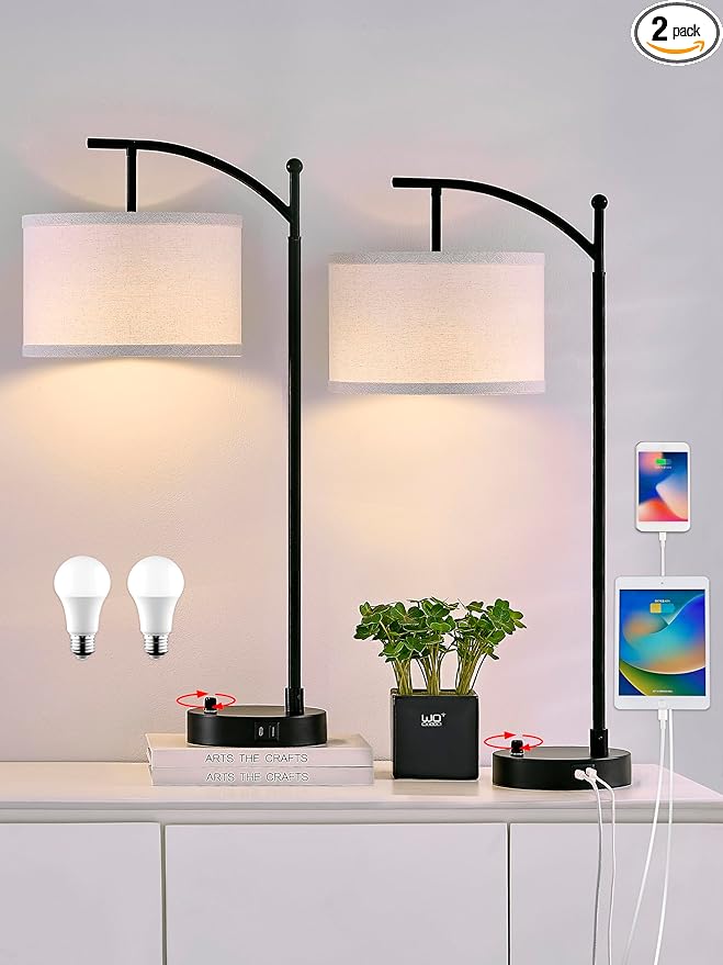 Table Lamp for Living Room Bedroom, 23.5" Table Lamps Set of 2 with USB C+A Ports, Bedside Lamps for Nightstand with Linen Lamp Shades, 2 Dimmable LED Bulbs Included, Black