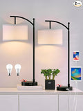 Table Lamp for Living Room Bedroom, 23.5" Table Lamps Set of 2 with USB C+A Ports, Bedside Lamps for Nightstand with Linen Lamp Shades, 2 Dimmable LED Bulbs Included, Black