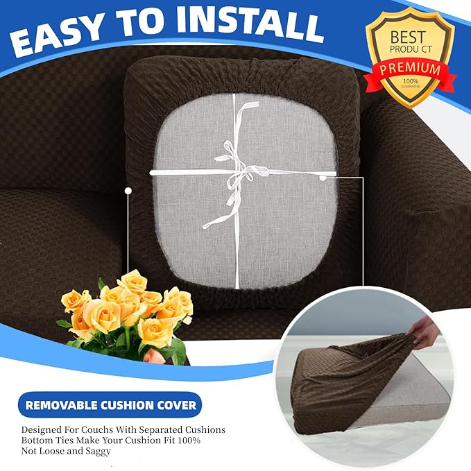 YEMYHOM Stretch Individual Cushion Covers Sofa Chair Seat Cushion Slipcovers Soft Couch Cover Replacement Large Checkered Furniture Protector with Elastic Bottom (1 Pc Cushion Cover, Dark Coffee)