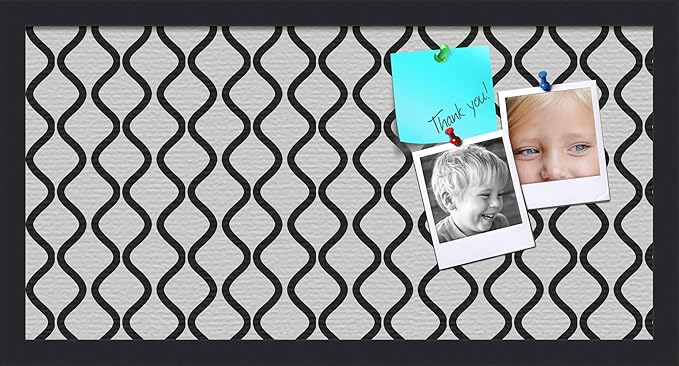 PinPix ArtToFrames 10x22 Custom Cork Bulletin Board Black and White Waves Poster Board Has a Fabric Style Canvas Finish, Framed in Satin Black (PinPix-194)