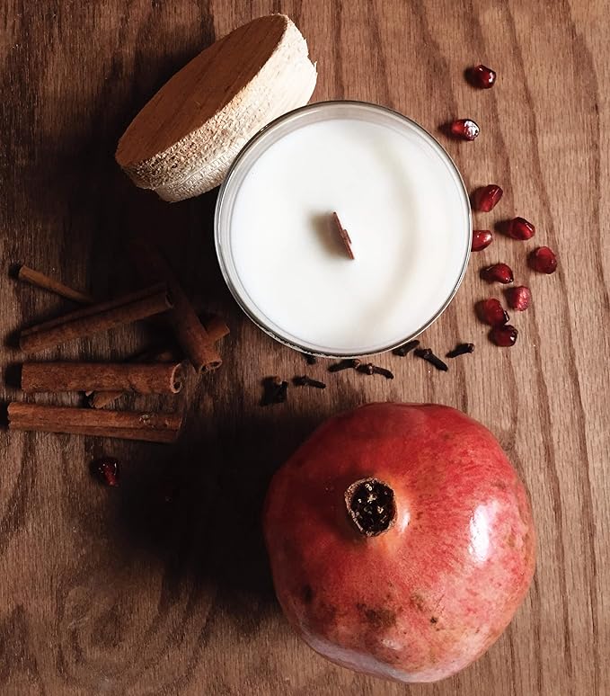 PERIPETI Home Pomegranate Spice Scented Candle, Wooden Wick – 8.5oz Natural Soy Wax for Energizing Aromatherapy, Long-Lasting Burn