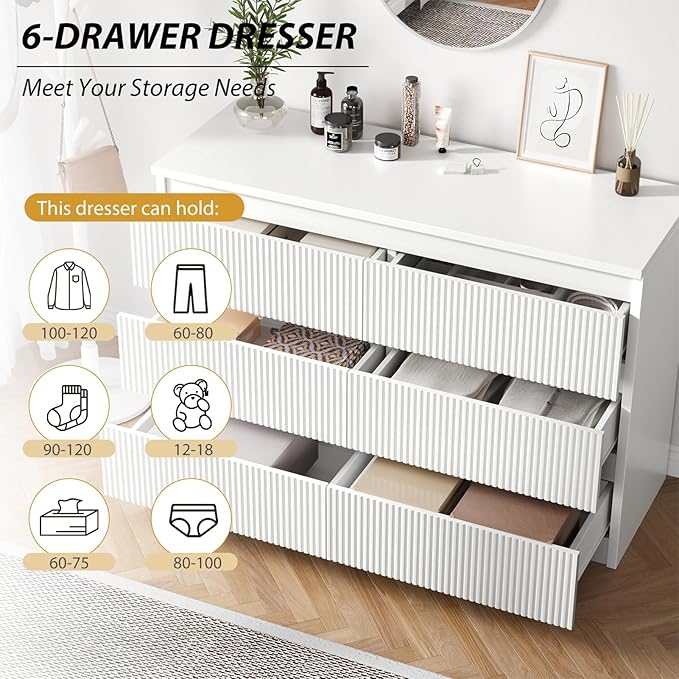 6 Drawer Dresser, Fluted Dresser for Bedroom with Sleek Hidden Handles, Bedroom Dressers with Drawers, Wood Closet Clothes Storage Organizer for Bedroom, Pure White