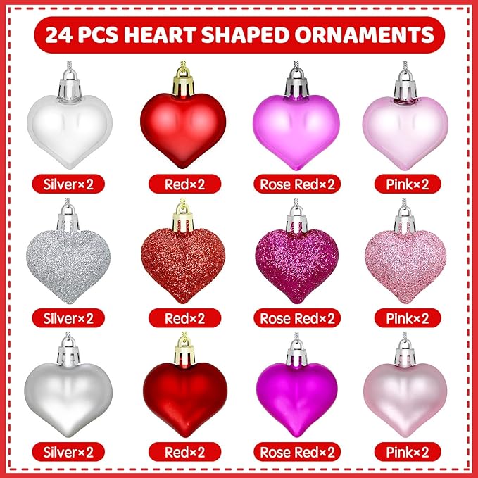 24pcs Valentine Heart Ornaments - Heart Shaped Decorations for Home, Wedding, Party