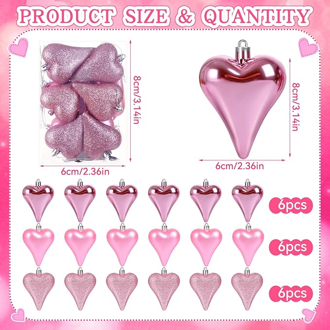 18 Pcs Valentines Tree Heart Ornaments Pink Valentines Tree Decorations, 3 Style 3.2" Valentine Hanging Ornaments for Christmas Tree Anniversary Party Decoration