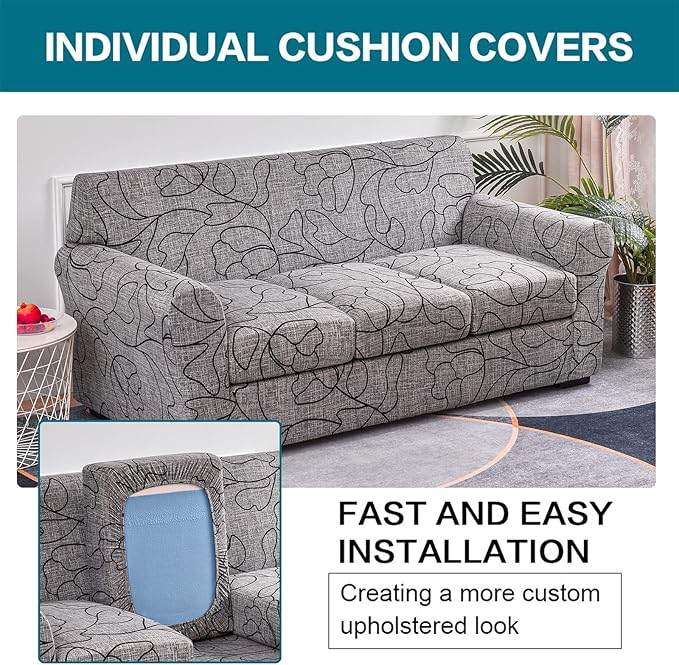 KRFOONN 4 Piece Stretch Sofa Couch Covers for 3 Cushion Couches Printed Sofa Slipcover with 3 Separate Seat Cushion Covers Washable Sofa Slip Covers Furniture Protector for Pets Kids (Large, 25)