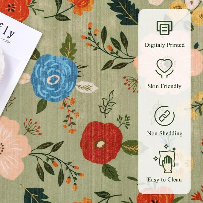 U'Artlines 6x9ft Vintage Floral Area Rug Machine Washable Ultra Soft Low Pile Non Slip Non Shedding Accent Floor Carpet for Living Room, Bedroom, Dining Room, Office (Green)