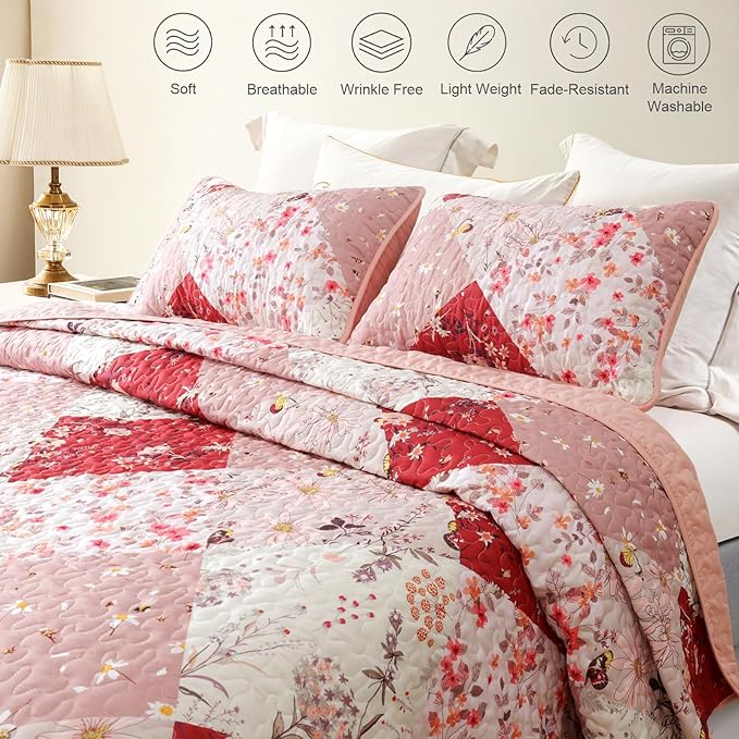 Whale Flotilla Patchwork Quilts Queen Size, Extra Soft Boho Floral Bedspreads for Bed Reversible Lightweight Full Queen Quilt Bedding Set Printed Coverlets with 2 Pillow Shams for All Seasons, Red
