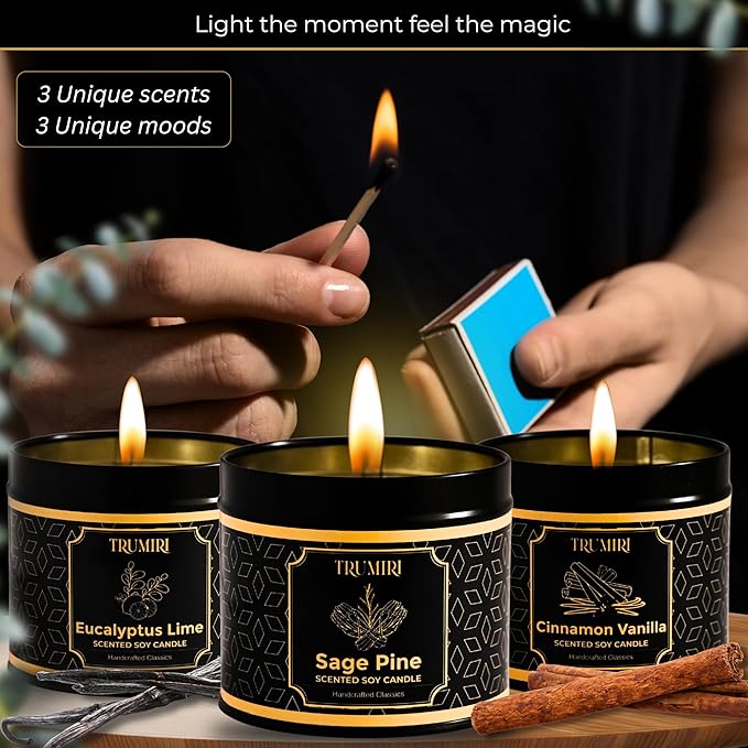 Candle Gift Set Of 3 Sage Pine|Cinnamon Vanilla|Eucalyptus Lime Highly Scented Soy Candels Clean Non Toxic Velas Aromáticas Favors For Women Coworkers Friends Guests Also For Diwali Christmas Holidays