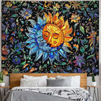 Accnicc Sun and Moon Tapestry Boho Hippie Floral Wall Tapestry for Bedroom Aesthetic Vintage Stained Glass Celestial Plant Small Tapestries Wall Hanging for Living Room Dorm 48 x 36 Inch