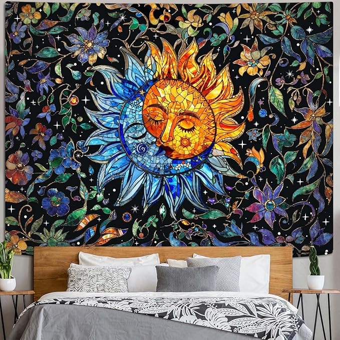 Accnicc Sun and Moon Tapestry Boho Hippie Floral Wall Tapestry for Bedroom Aesthetic Vintage Stained Glass Celestial Plant Small Tapestries Wall Hanging for Living Room Dorm 60 x 44 Inch