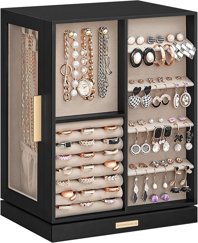 SONGMICS Jewelry Box 360°Rotating, Jewelry Storage Case with 5 Drawers, Jewelry Organizer, Glass Window, Spacious, Vertical Jewelry Storage, Open Design, Great Gift, Graphite Black UJBC170B01